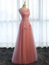 Long Evening Dresses Lace Cameo Pink Party Dress A Line Applique Tulle Maxi Formal Dress