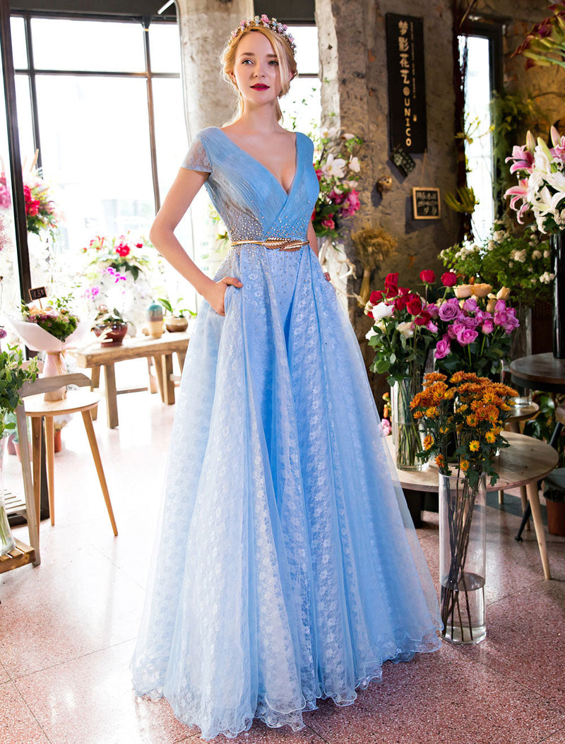 Long Evening Dresses Luxury V Neck Rhinestones Beading Cap Sleeve Pleated Lace Tulle Baby Blue Formal Evening Dresses