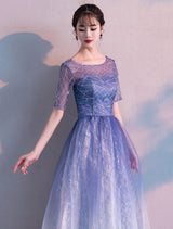 Long Evening Dresses Ombre Tulle Sequin Half Sleeve Formal Evening Dress