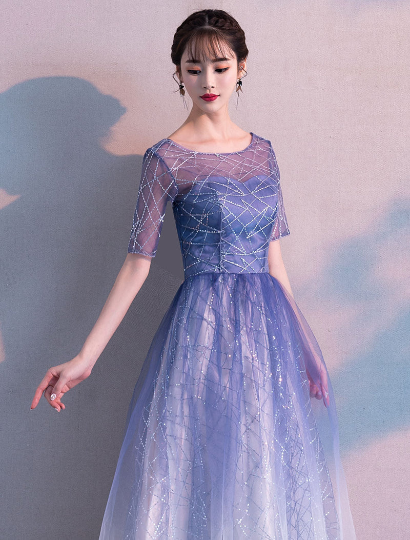 Long Evening Dresses Ombre Tulle Sequin Half Sleeve Formal Evening Dress