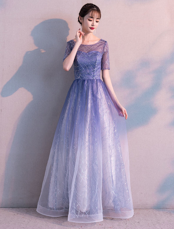 Long Evening Dresses Ombre Tulle Sequin Half Sleeve Formal Evening Dress