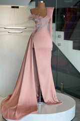 Glamorous Long Sleeve One Shoulder Mermaid Prom Dress Long With Slit-stylesnuggle