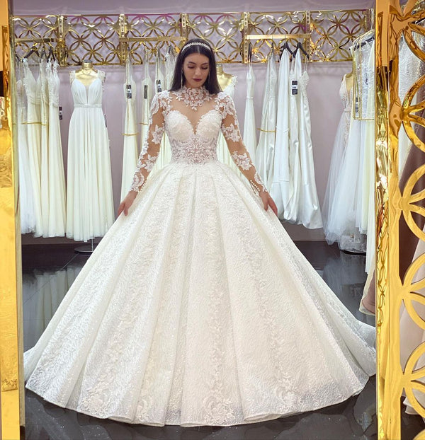 Glamorous Long Sleeves Lace Princess Wedding Dress Ball Gown High Neck-stylesnuggle