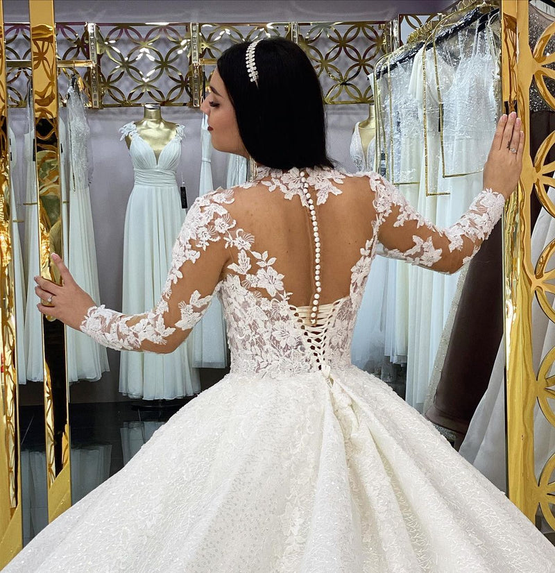 Glamorous Long Sleeves Lace Princess Wedding Dress Ball Gown High Neck-stylesnuggle