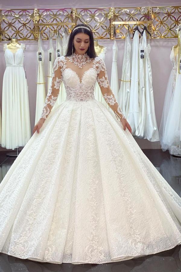 Glamorous Long Sleeves Lace Princess Wedding Dress Ball Gown High Neck-stylesnuggle