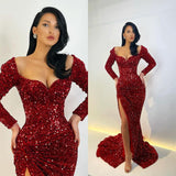 Glamorous Long Sleeves Sequins Mermaid Evening Gowns Split Prom Dresses-stylesnuggle