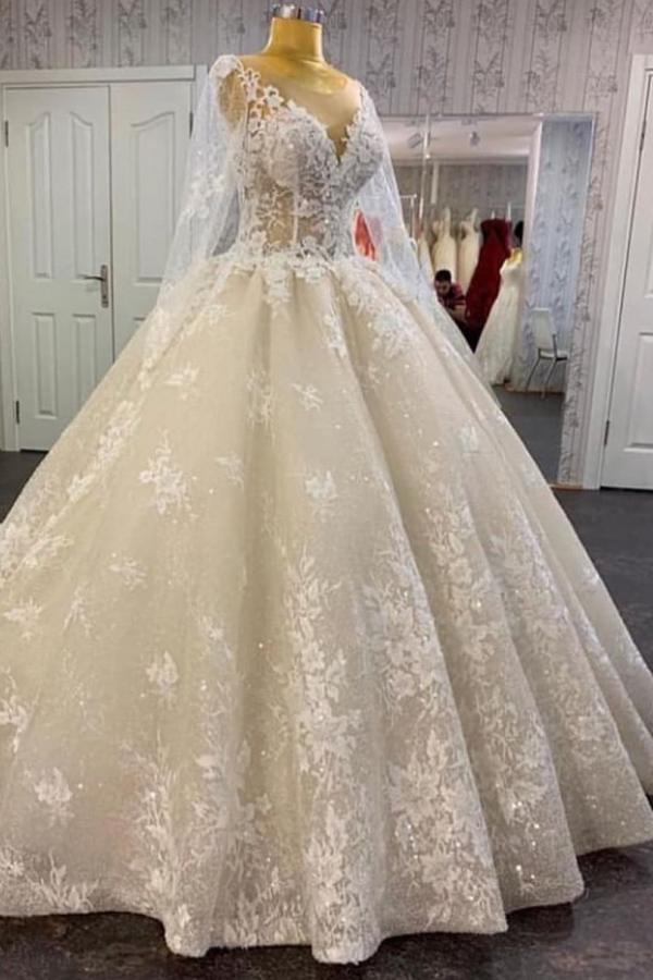 stylesnuggle offers Glamorous Long Sleevess Lace A-line Bridal Gown Pirncess Wedding Dress at a good price, 1000+ options, fast delivery worldwide.