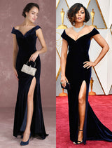 Mermaid Celebrity Dresses Velvet Off The Shoulder Evening Dress Dark Navy Slit Party Dress With Train Inspired By Taraji P. Henson At Oscar 