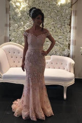 Glamorous Pink Off-the-shouder Prom Dresses Glitter Lace Mermaid Evening Gowns-stylesnuggle