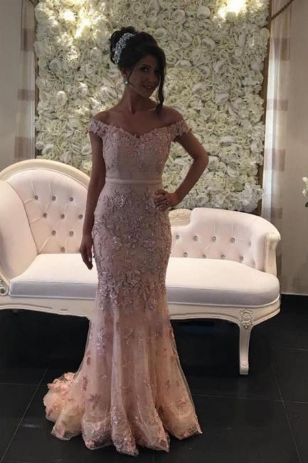 Glamorous Pink Off-the-shouder Prom Dresses Glitter Lace Mermaid Evening Gowns-stylesnuggle