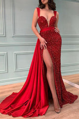 Glamorous Red Sequins Beadings Mermaid Prom Dress Split With Ruffles-stylesnuggle