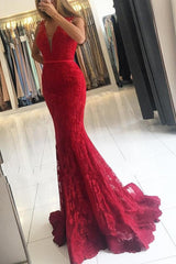 Glamorous Red Wide Strap Lace Evening Dress V-neck Long-stylesnuggle