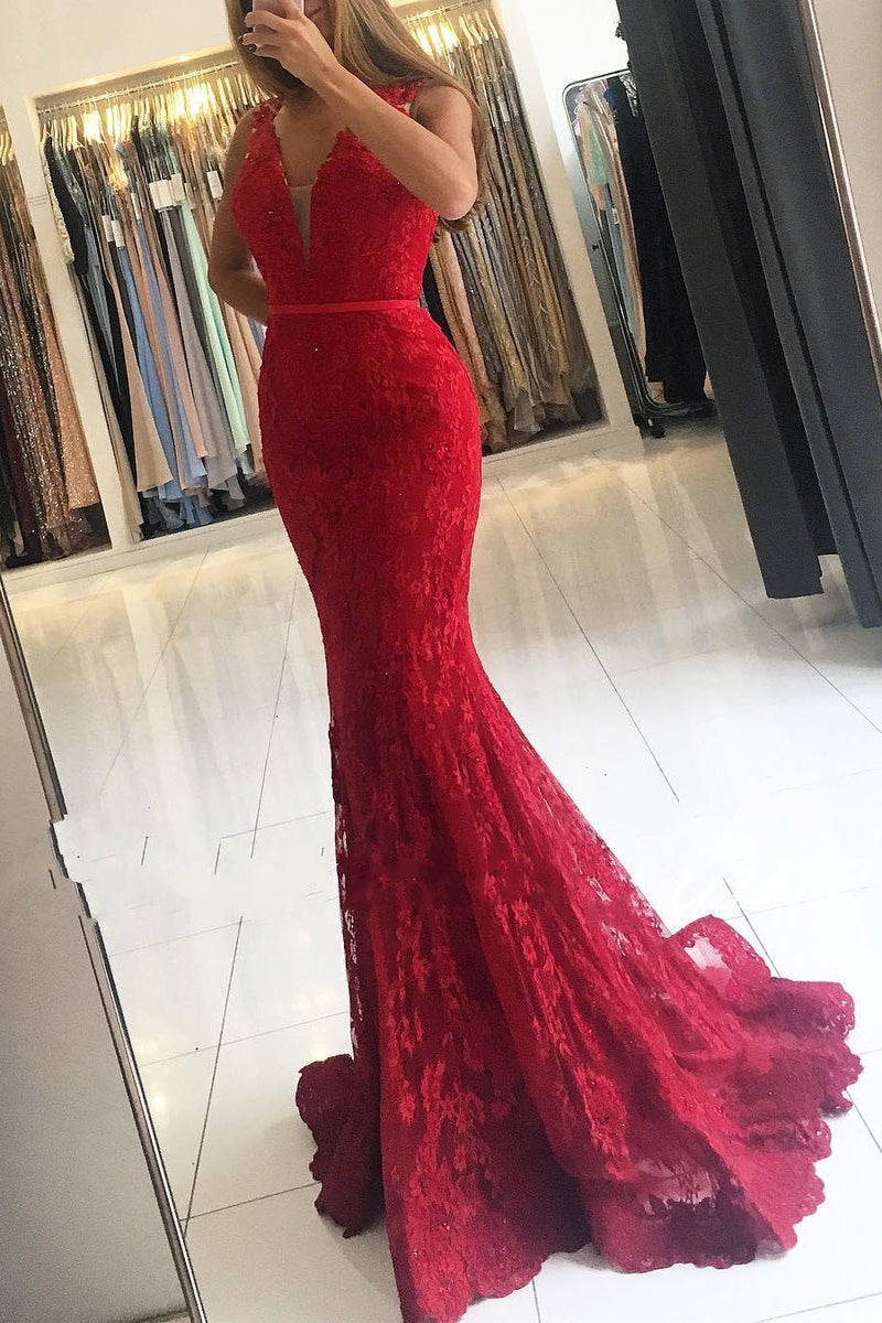 Glamorous Red Wide Strap Lace Evening Dress V-neck Long-stylesnuggle