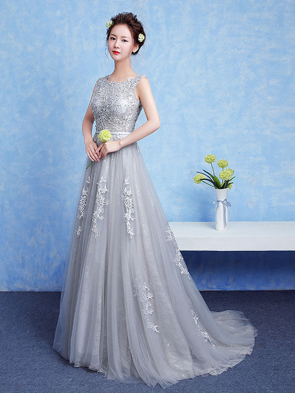 Silver evening dress Tulle Backless Party Dress Lace Applique A Line Occasion Dress With Train