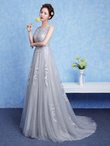 Silver evening dress Tulle Backless Party Dress Lace Applique A Line Occasion Dress With Train