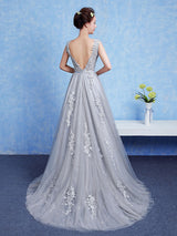 Silver evening dress Tulle Backless Party Dress Lace Applique A Line Occasion Dress With Train