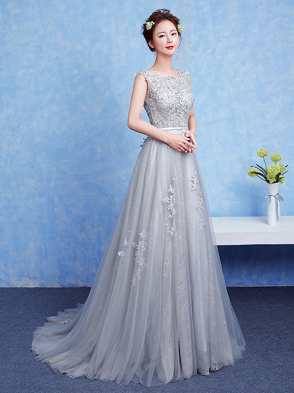 Silver evening dress Tulle Backless Party Dress Lace Applique A Line Occasion Dress With Train