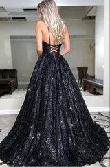 Glamorous Spaghetti-Straps Black Sequins Long Evening Prom Dress-stylesnuggle