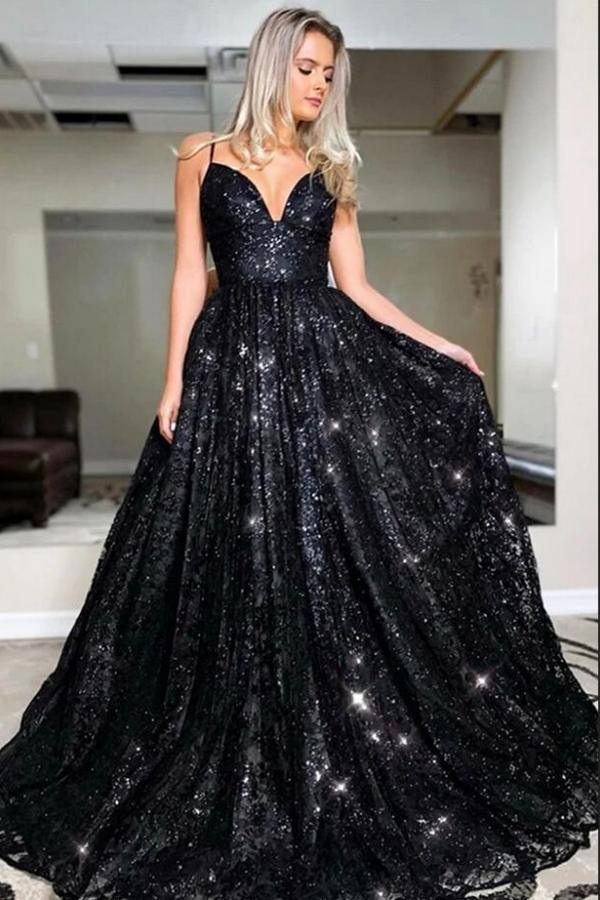 Glamorous Spaghetti-Straps Black Sequins Long Evening Prom Dress-stylesnuggle