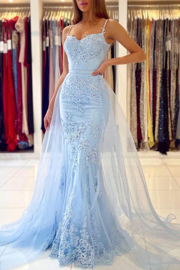 Glamorous Spaghetti-Straps Mermaid Evening Dress With Lace Appliques Ruffles-stylesnuggle