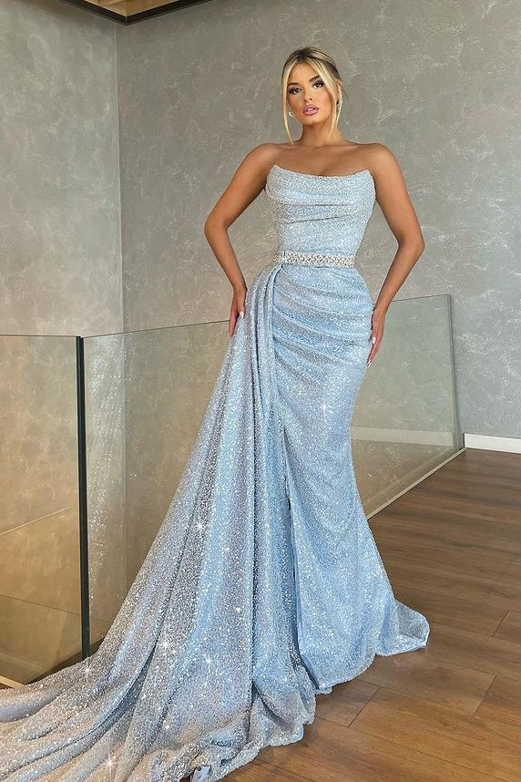 Glamorous Strapless Sequins Mermaid Prom Dress Long With Ruffles-stylesnuggle