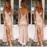 Glamorous V-Neck Sequins Prom Dress Long With Split Sleeveless-stylesnuggle