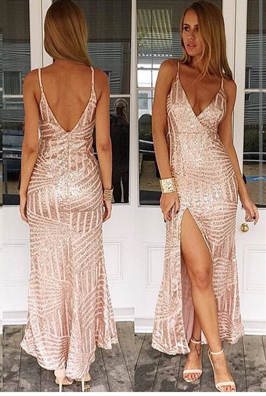 Glamorous V-Neck Sequins Prom Dress Long With Split Sleeveless-stylesnuggle