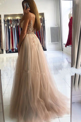 Glamorous V-neck Spaghetti-Straps Tulle Prom Dress Beadings Long Evening Gowns-stylesnuggle