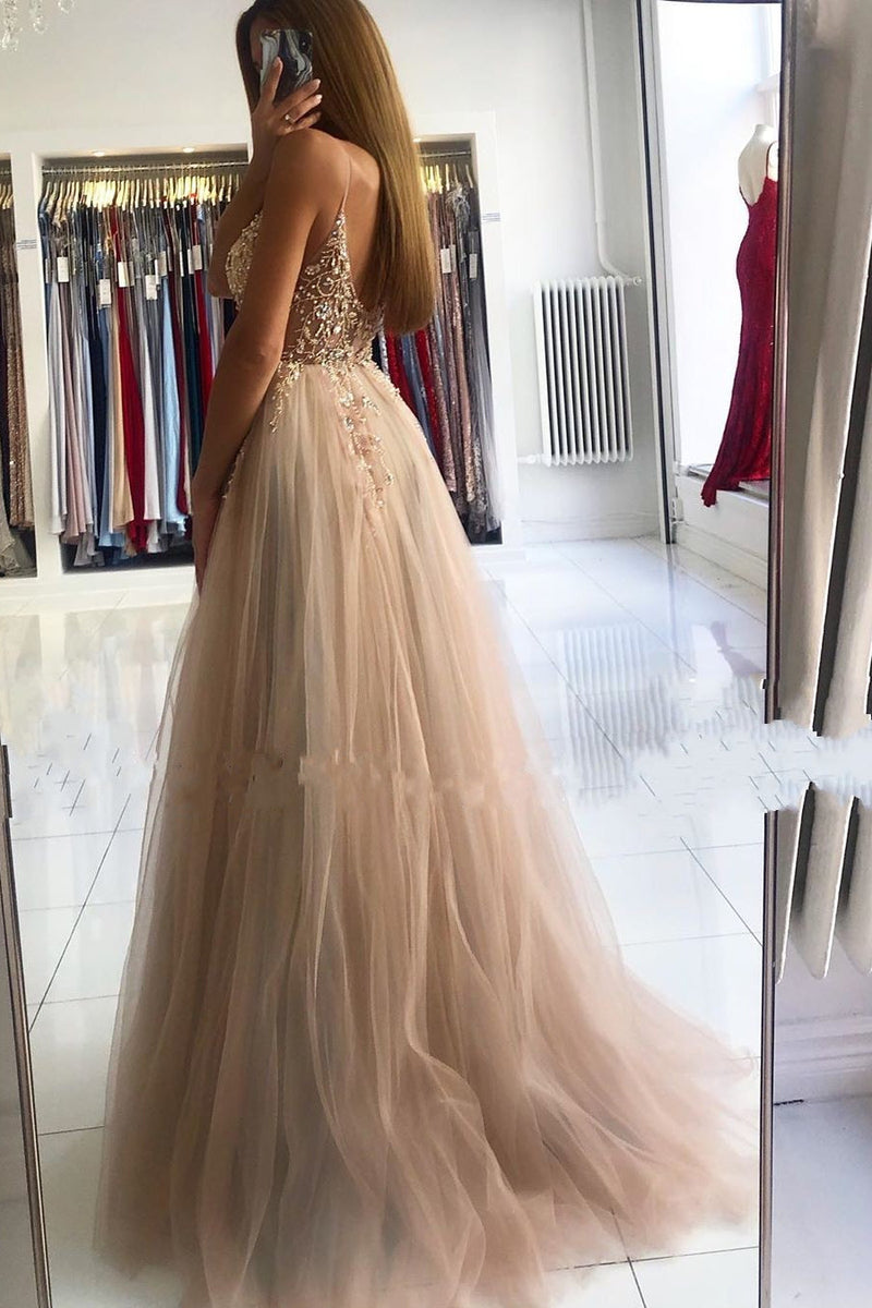 Glamorous V-neck Spaghetti-Straps Tulle Prom Dress Beadings Long Evening Gowns-stylesnuggle