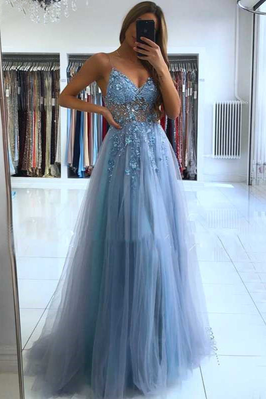 Glamorous V-neck Spaghetti-Straps Tulle Prom Dress Beadings Long Evening Gowns-stylesnuggle