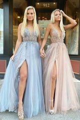 Glamorous V-neck Spaghetti-Straps Tulle Prom Dress Beadings Long Evening Gowns-stylesnuggle