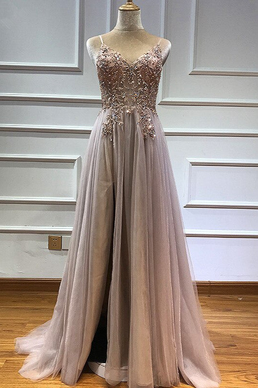 Glamorous V-neck Spaghetti-Straps Tulle Prom Dress Beadings Long Evening Gowns-stylesnuggle