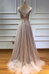 Glamorous V-neck Spaghetti-Straps Tulle Prom Dress Beadings Long Evening Gowns-stylesnuggle