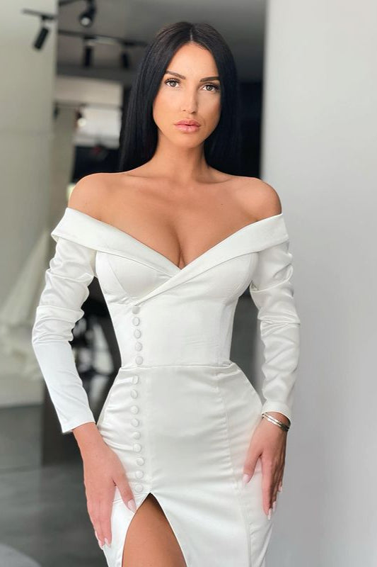 Glamorous White Long Sleeves Mermaid Evening Dress Off-the-shoulder Split Prom Gown-stylesnuggle