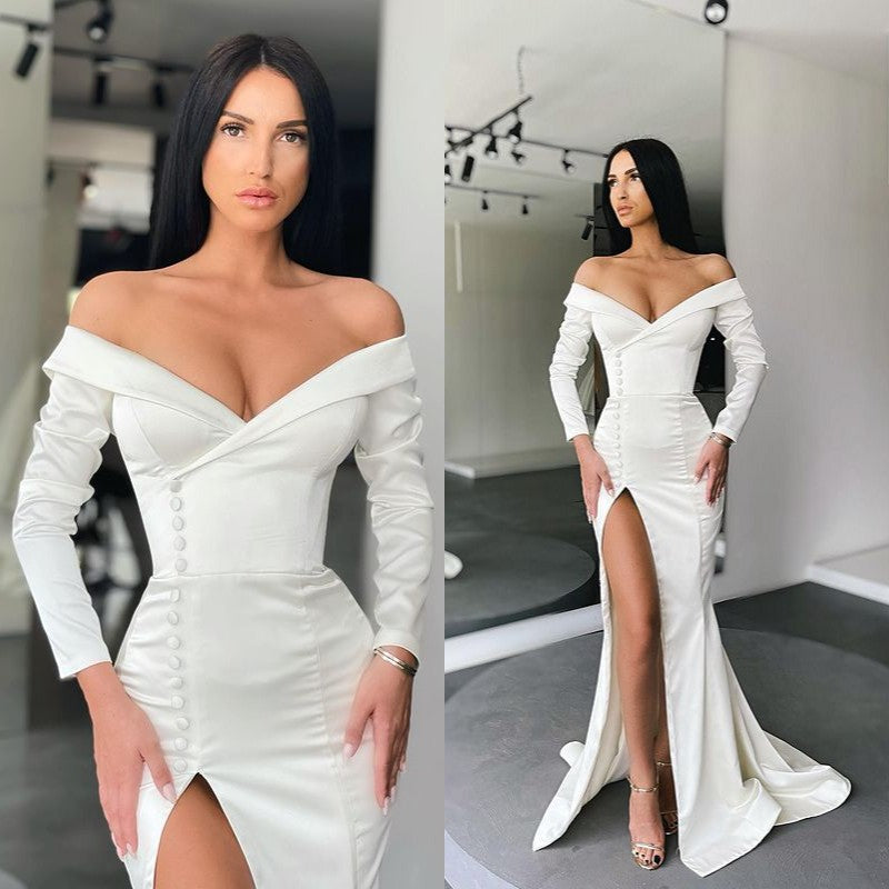 Glamorous White Long Sleeves Mermaid Evening Dress Off-the-shoulder Split Prom Gown-stylesnuggle