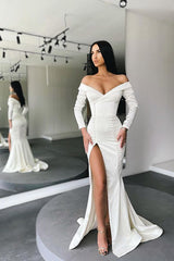 Glamorous White Long Sleeves Mermaid Evening Dress Off-the-shoulder Split Prom Gown-stylesnuggle