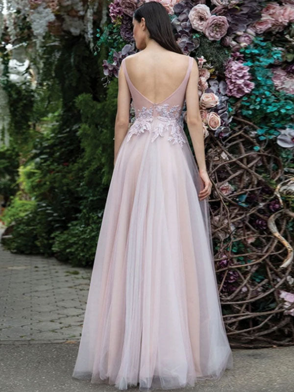 Women Evening Dress A-Line V-Neck Floor-Length Backless Applique Lace Social Pageant Dresses Split Gown