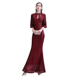 Looking for Prom Dresses, Evening Dresses, Homecoming Dresses, Quinceanera dresses in Sequined,  Mermaid style,  and Gorgeous Sequined, Hollowout work? stylesnuggle has all covered on this elegant Glittering Half Sleeves Keyhole Mermaid Long Burgundy Prom Dress.