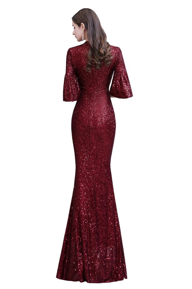 Looking for Prom Dresses, Evening Dresses, Homecoming Dresses, Quinceanera dresses in Sequined,  Mermaid style,  and Gorgeous Sequined, Hollowout work? stylesnuggle has all covered on this elegant Glittering Half Sleeves Keyhole Mermaid Long Burgundy Prom Dress.