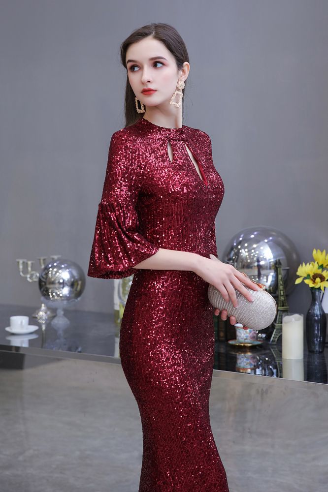 Looking for Prom Dresses, Evening Dresses, Homecoming Dresses, Quinceanera dresses in Sequined,  Mermaid style,  and Gorgeous Sequined, Hollowout work? stylesnuggle has all covered on this elegant Glittering Half Sleeves Keyhole Mermaid Long Burgundy Prom Dress.