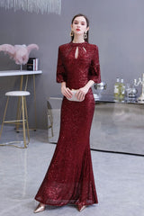 Looking for Prom Dresses, Evening Dresses, Homecoming Dresses, Quinceanera dresses in Sequined,  Mermaid style,  and Gorgeous Sequined, Hollowout work? stylesnuggle has all covered on this elegant Glittering Half Sleeves Keyhole Mermaid Long Burgundy Prom Dress.