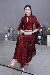 Looking for Prom Dresses, Evening Dresses, Homecoming Dresses, Quinceanera dresses in Sequined,  Mermaid style,  and Gorgeous Sequined, Hollowout work? stylesnuggle has all covered on this elegant Glittering Half Sleeves Keyhole Mermaid Long Burgundy Prom Dress.