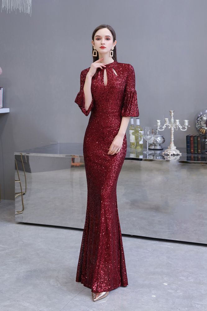 Looking for Prom Dresses, Evening Dresses, Homecoming Dresses, Quinceanera dresses in Sequined,  Mermaid style,  and Gorgeous Sequined, Hollowout work? stylesnuggle has all covered on this elegant Glittering Half Sleeves Keyhole Mermaid Long Burgundy Prom Dress.