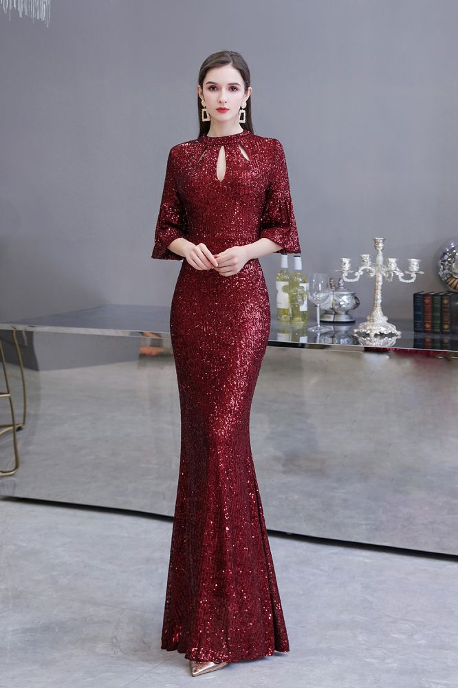 Looking for Prom Dresses, Evening Dresses, Homecoming Dresses, Quinceanera dresses in Sequined,  Mermaid style,  and Gorgeous Sequined, Hollowout work? stylesnuggle has all covered on this elegant Glittering Half Sleeves Keyhole Mermaid Long Burgundy Prom Dress.