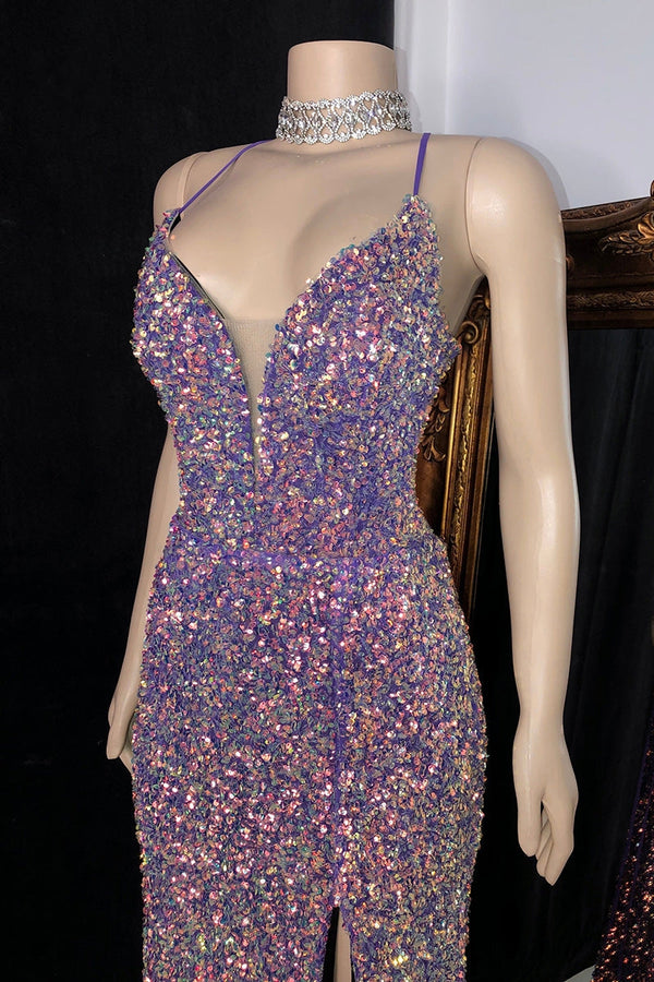 Glittering Spaghetti-Straps Sequins Prom Dress Mermaid Sleeveless With Slit-stylesnuggle