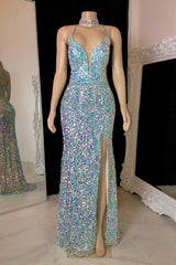 Glittering Spaghetti-Straps Sequins Prom Dress Mermaid Sleeveless With Slit-stylesnuggle