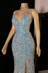 Glittering Spaghetti-Straps Sequins Prom Dress Mermaid Sleeveless With Slit-stylesnuggle