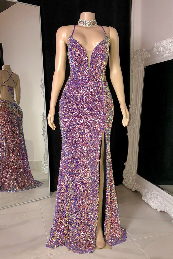 Glittering Spaghetti-Straps Sequins Prom Dress Mermaid Sleeveless With Slit-stylesnuggle