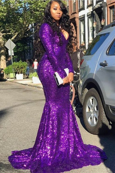 Looking for Prom Dresses, Evening Dresses in Sequined,  Mermaid style,  and Gorgeous work? stylesnuggle has all covered on this elegant Glittering V-neck Long Sleevess Sequins Mermaid Prom Dresses.