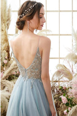 Glorious A-line Blue V-neck Spaghetti Straps Slit Beading Prom Dress-stylesnuggle